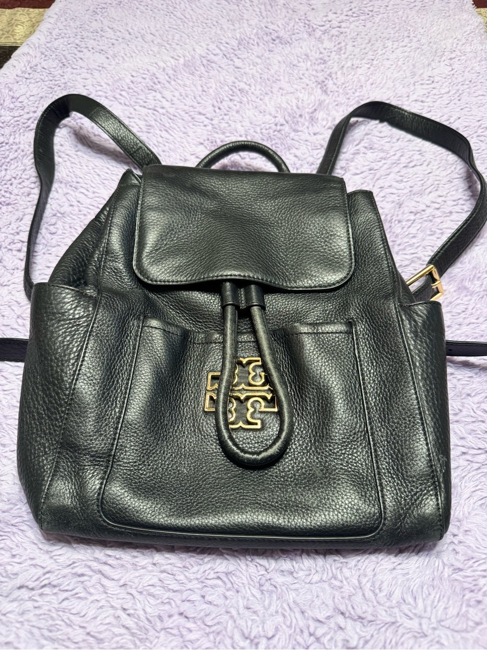 Tory Burch Black Pebbled Leather Drawstring Backpack with Gold Logo